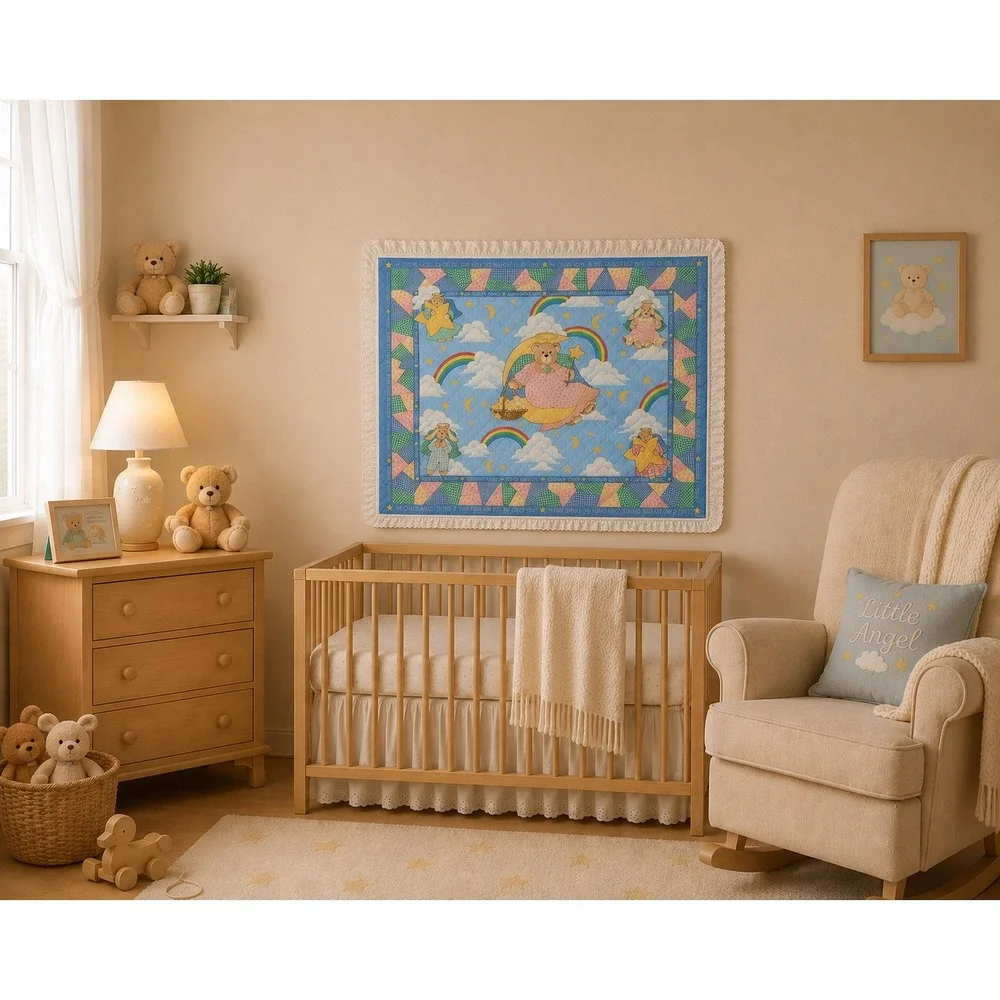 Vintage Guardian Angel Bear Reversible Baby Quilt Pastel Rainbow Eyelet Ruffle